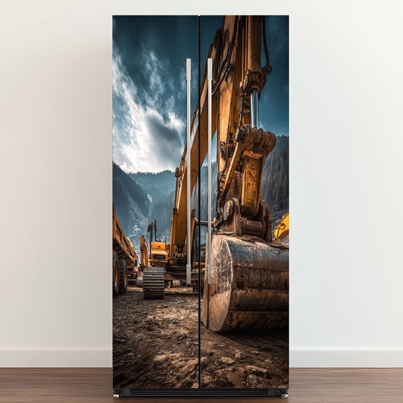 Self Adhesive Vinyl Refrigerator Wrap Set Road construction machinery construction highway Door Mural Removable Fridge Sticker Peel and Stick Full Door Cover Decal Kitchen Bar Decor