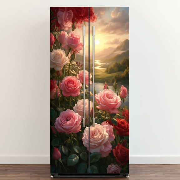 Self Adhesive Vinyl Refrigerator Wrap Set Romantic Garden Roses Scenic Mountain View Sunset Door Mural Removable Fridge Sticker Peel and Stick&nbsp;Full Door Cover Decal Kitchen Bar Decor
