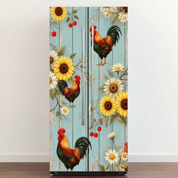 Self Adhesive Vinyl Refrigerator Wrap Set Rooster Sunflower Rustic Farmhouse Blue Wooden Door Mural Removable Fridge Sticker Peel and Stick Full Door Cover Decal Kitchen Bar Decor