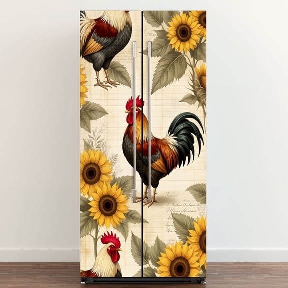 Self Adhesive Vinyl Refrigerator Wrap Set Roosters Sunflowers Vintage Floral Cream Door Mural Removable Fridge Sticker Peel and Stick Full Door Cover Decal Kitchen Bar Decor
