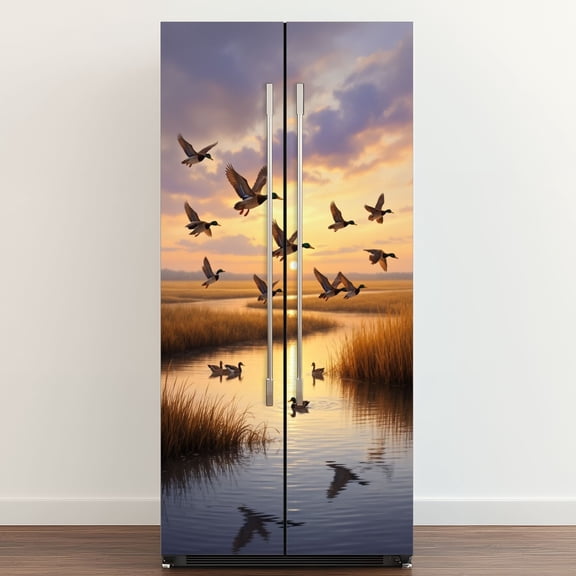 Self Adhesive Vinyl Refrigerator Wrap Set Rustic Country Wild Duck Animal Ducks River Grasslands Door Mural Removable Fridge Sticker Peel and Stick Full Door Cover Decal Kitchen Bar Decor