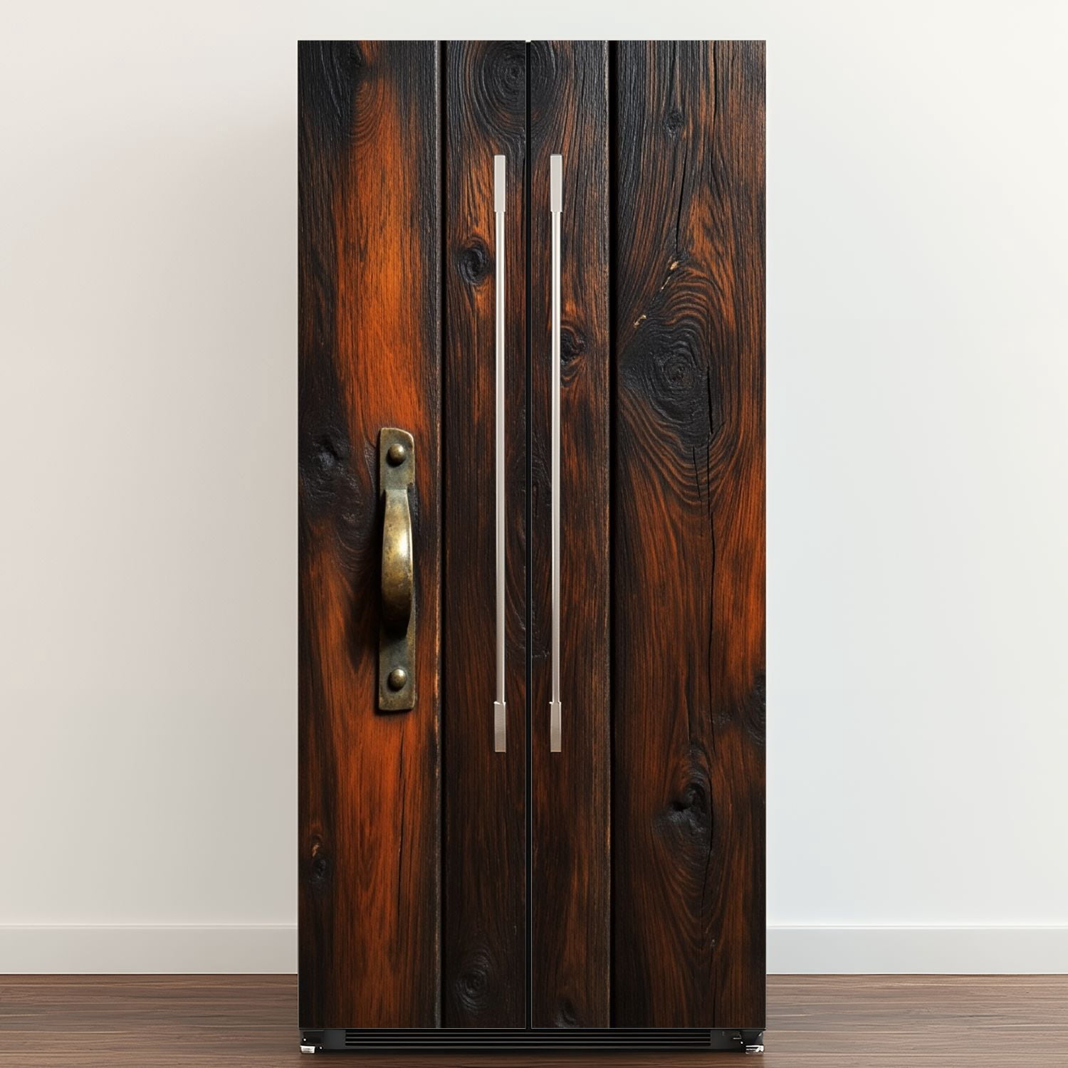 Self Adhesive Vinyl Refrigerator Wrap Set Rustic Dark Wooden Panels Vintage Brass Rustic Door Mural Removable Fridge Sticker Peel and Stick&nbsp;Full Door Cover Decal Kitchen Bar Decor