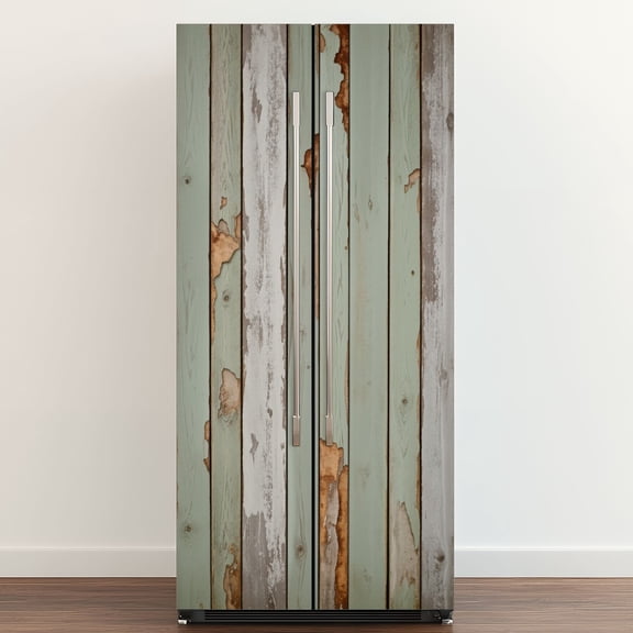 Self Adhesive Vinyl Refrigerator Wrap Set Rustic Distressed Wooden Plank Weathered Paint Green White Door Mural Removable Fridge Sticker Peel and Stick&nbsp;Full Door Cover Decal Kitchen Bar Decor