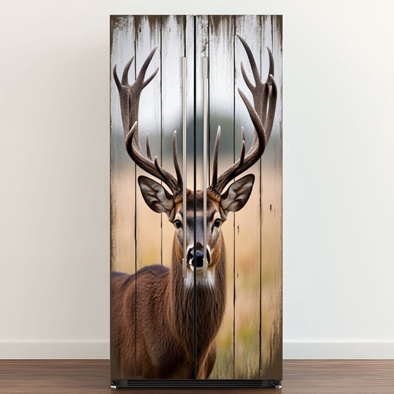 Self Adhesive Vinyl Refrigerator Wrap Set Rustic Elk Animal Theme Modern Deer Farmhouse Country Wood Door Mural Removable Fridge Sticker Peel and Stick&nbsp;Full Door Cover Decal Kitchen Bar Decor