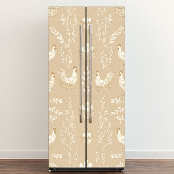 Self Adhesive Vinyl Refrigerator Wrap Set Rustic Farmhouse Chicken Nesting Eggs Neutral Beige Tones Door Mural Removable Fridge Sticker Peel and Stick Full Door Cover Decal Kitchen Bar Decor