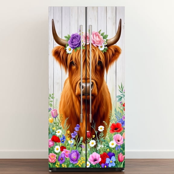 Self Adhesive Vinyl Refrigerator Wrap Set Rustic Farmhouse Floral Spring Cow Scottish Door Mural Removable Fridge Sticker Peel and Stick Full Door Cover Decal Kitchen Bar Decor