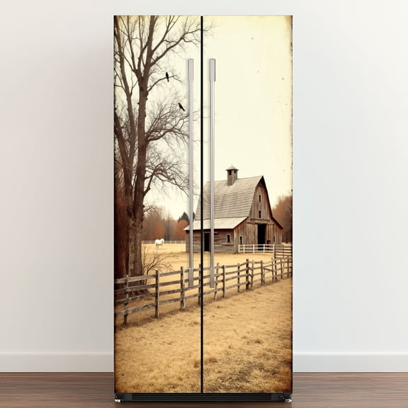 Self Adhesive Vinyl Refrigerator Wrap Set Rustic Farmhouse Vintage Barn Country Field Landscape Rustic Door Mural Removable Fridge Sticker Peel and Stick&nbsp;Full Door Cover Decal Kitchen Bar Decor