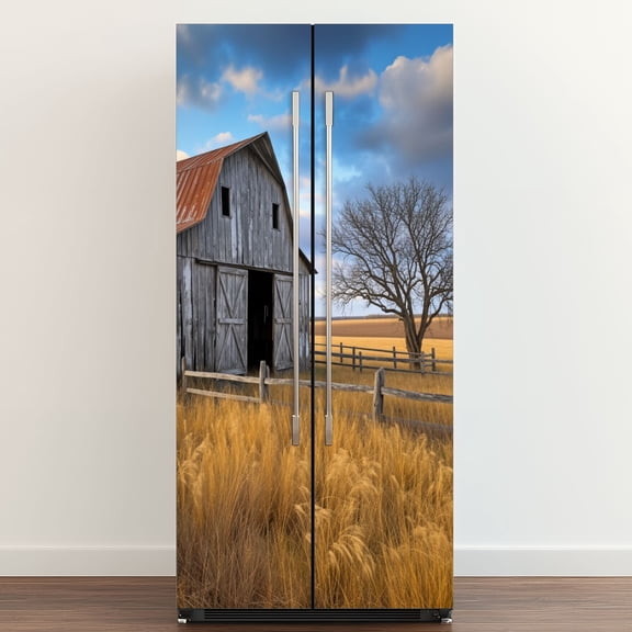 Self Adhesive Vinyl Refrigerator Wrap Set Rustic Farmhouse Vintage Barn Country Field Landscape Rustic Door Mural Removable Fridge Sticker Peel and Stick&nbsp;Full Door Cover Decal Kitchen Bar Decor