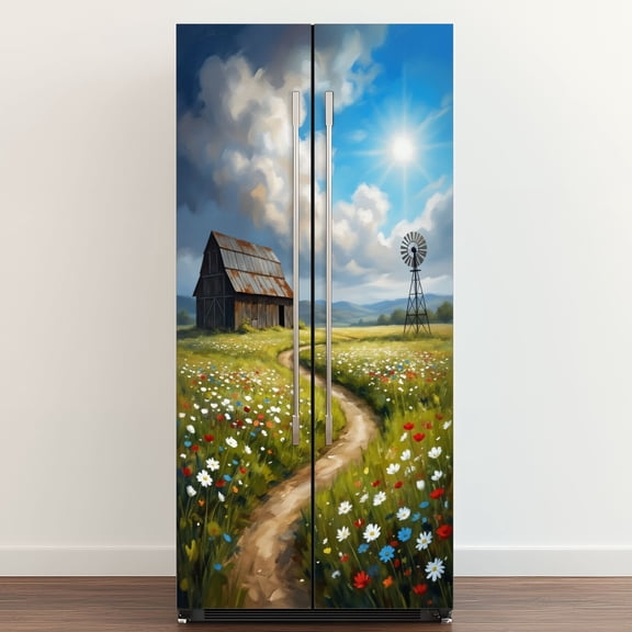 Self Adhesive Vinyl Refrigerator Wrap Set Rustic Farmhouse Wooden Country Meadow Landscape Blue Sky Door Mural Removable Fridge Sticker Peel and Stick Full Door Cover Decal Kitchen Bar Decor