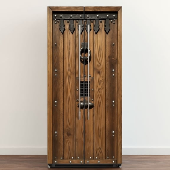 Self Adhesive Vinyl Refrigerator Wrap Set Rustic Medieval Wooden Doors Iron Accents Knocker Door Mural Removable Fridge Sticker Peel and Stick&nbsp;Full Door Cover Decal Kitchen Bar Decor