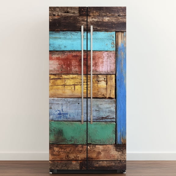Self Adhesive Vinyl Refrigerator Wrap Set Rustic Multicolor Wooden Plank Wall Distressed Paint Door Mural Removable Fridge Sticker Peel and Stick Full Door Cover Decal Kitchen Bar Decor