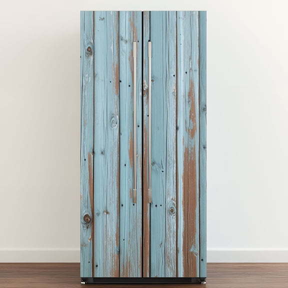 Self Adhesive Vinyl Refrigerator Wrap Set Rustic Weathered Wooden Planks Blue Paint Texture Door Mural Removable Fridge Sticker Peel and Stick Full Door Cover Decal Kitchen Bar Decor
