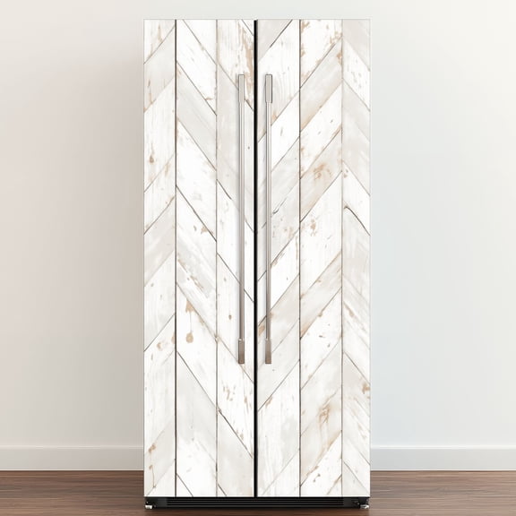 Self Adhesive Vinyl Refrigerator Wrap Set Rustic Whitewashed Wood Herringbone Door Mural Removable Fridge Sticker Peel and Stick Full Door Cover Decal Kitchen Bar Decor