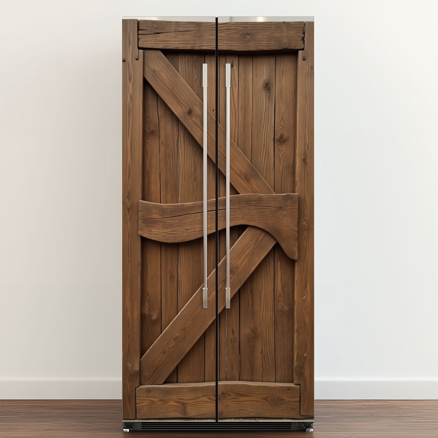 Self Adhesive Vinyl Refrigerator Wrap Set Rustic Wooden Barn Doors Diagonal Bracing Natural Door Mural Removable Fridge Sticker Peel and Stick&nbsp;Full Door Cover Decal Kitchen Bar Decor