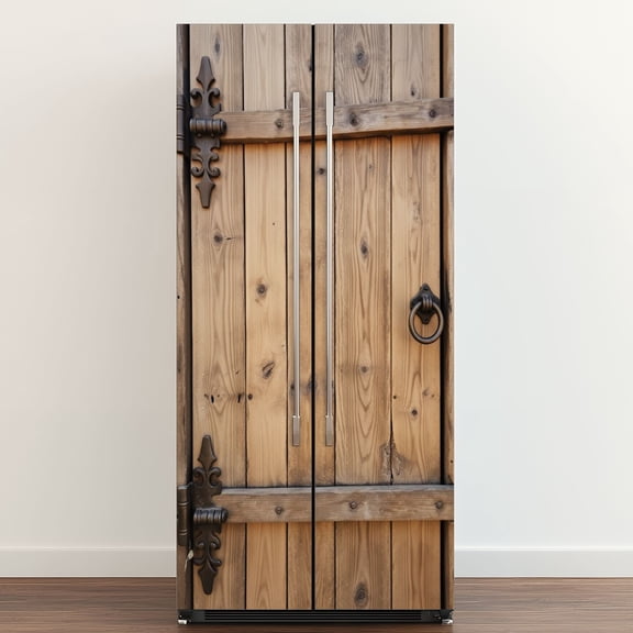 Self Adhesive Vinyl Refrigerator Wrap Set Rustic Wooden Doors Rustic Iron Hinges Ring Door Mural Removable Fridge Sticker Peel and Stick Full Door Cover Decal Kitchen Bar Decor
