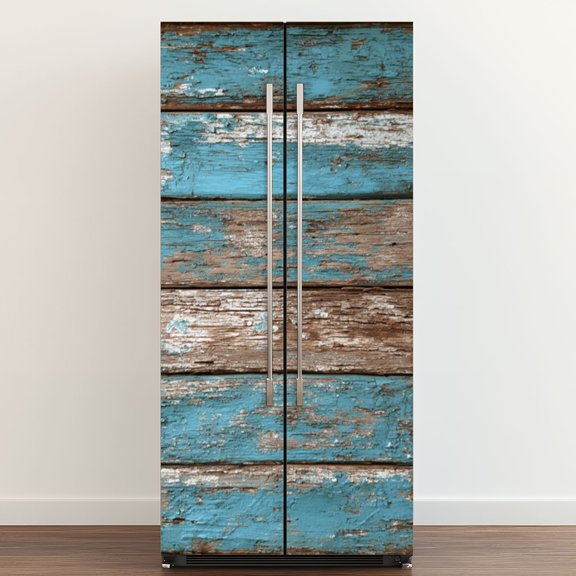 Self Adhesive Vinyl Refrigerator Wrap Set Rustic Wooden Plank Distressed Turquoise Brown Door Mural Removable Fridge Sticker Peel and Stick&nbsp;Full Door Cover Decal Kitchen Bar Decor