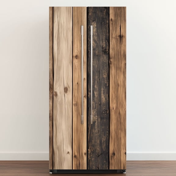 Self Adhesive Vinyl Refrigerator Wrap Set Rustic Wooden Plank Flooring Dark Light Tones Door Mural Removable Fridge Sticker Peel and Stick&nbsp;Full Door Cover Decal Kitchen Bar Decor