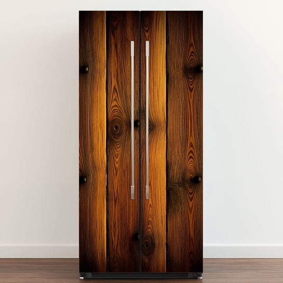 Self Adhesive Vinyl Refrigerator Wrap Set Rustic Wooden Plank Texture Natural Grain Knots Door Mural Removable Fridge Sticker Peel and Stick Full Door Cover Decal Kitchen Bar Decor