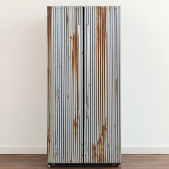 Self Adhesive Vinyl Refrigerator Wrap Set Rusty Corrugated Metal Weathered Gray Orange Patina Door Mural Removable Fridge Sticker Peel and Stick Full Door Cover Decal Kitchen Bar Decor