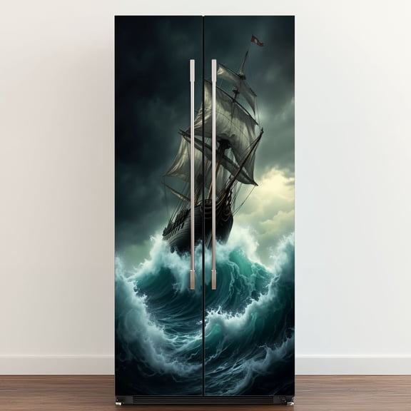 Self Adhesive Vinyl Refrigerator Wrap Set Sailboat Nautical Old Ship Sailing Stormy Sea Pirate Ship Door Mural Removable Fridge Sticker Peel and Stick&nbsp;Full Door Cover Decal Kitchen Bar Decor