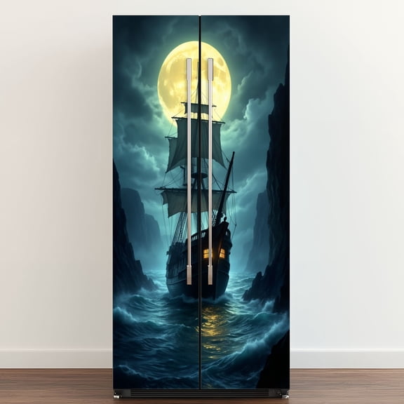 Self Adhesive Vinyl Refrigerator Wrap Set Sailboat Nautical Pirate Ship Ocean Warship Contemporary Door Mural Removable Fridge Sticker Peel and Stick&nbsp;Full Door Cover Decal Kitchen Bar Decor
