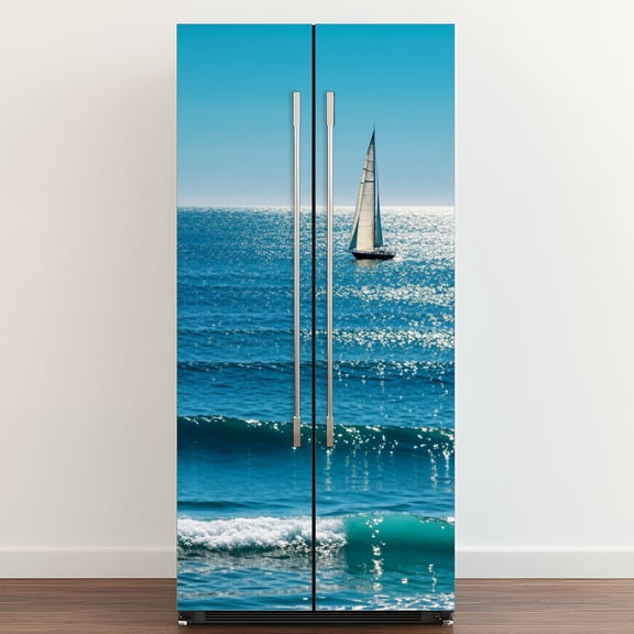 Self Adhesive Vinyl Refrigerator Wrap Set Sailboat Ocean Nature Tropical Sea Open Sea Blue Ocean Water Door Mural Removable Fridge Sticker Peel and Stick Full Door Cover Decal Kitchen Bar Decor