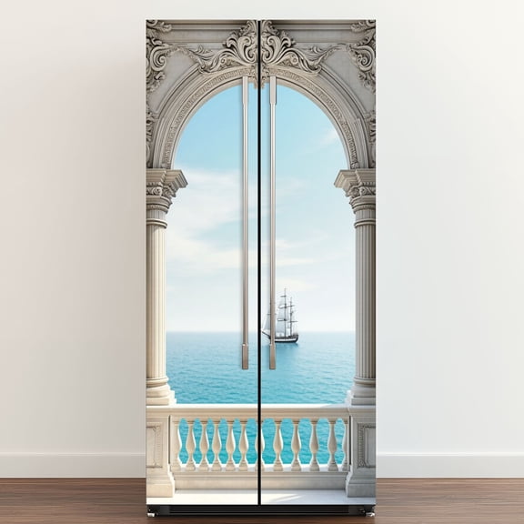 Self Adhesive Vinyl Refrigerator Wrap Set Sailboat Sea View Balcony Ornate Classical Archway Baroque Door Mural Removable Fridge Sticker Peel and Stick Full Door Cover Decal Kitchen Bar Decor