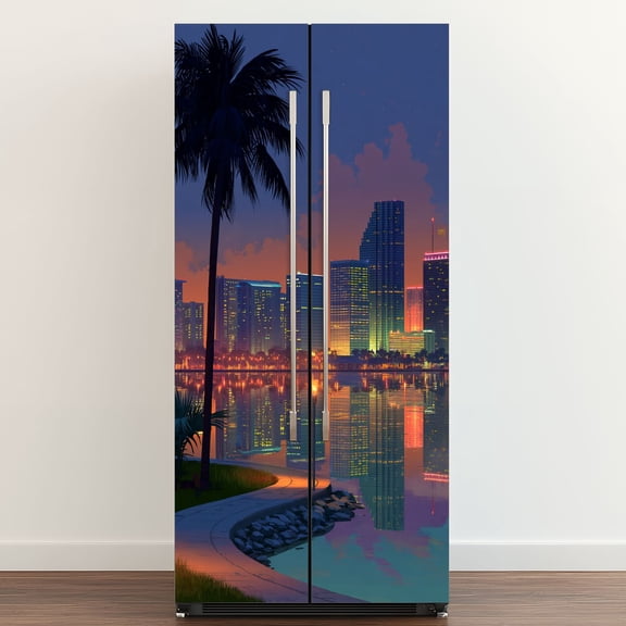 Self Adhesive Vinyl Refrigerator Wrap Set San Diego downtown skyline palm tree dawn Door Mural Removable Fridge Sticker Peel and Stick Full Door Cover Decal Kitchen Bar Decor