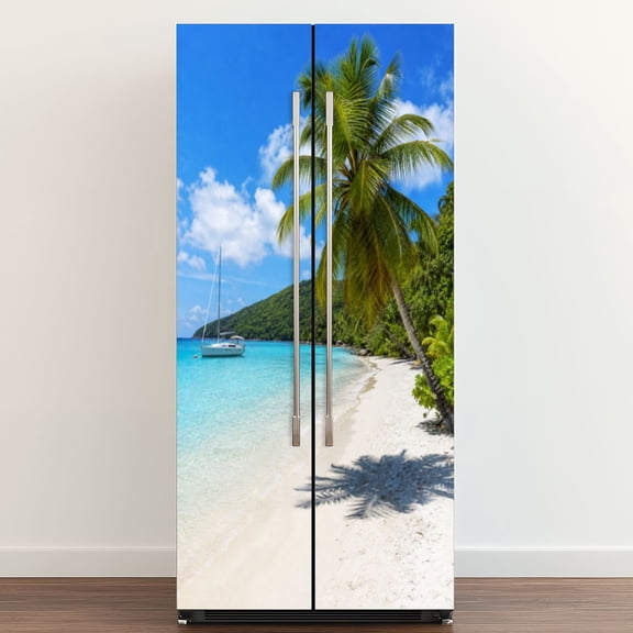 Self Adhesive Vinyl Refrigerator Wrap Set Sandy beach palm trees sailing boat Door Mural Removable Fridge Sticker Peel and Stick Full Door Cover Decal Kitchen Bar Decor