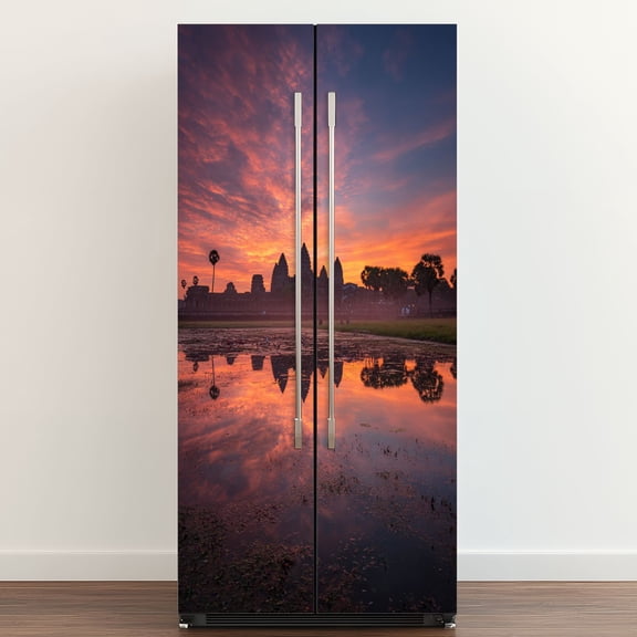 Self Adhesive Vinyl Refrigerator Wrap Set Scenery Cambodia Door Mural Removable Fridge Sticker Peel and Stick Full Door Cover Decal Kitchen Bar Decor