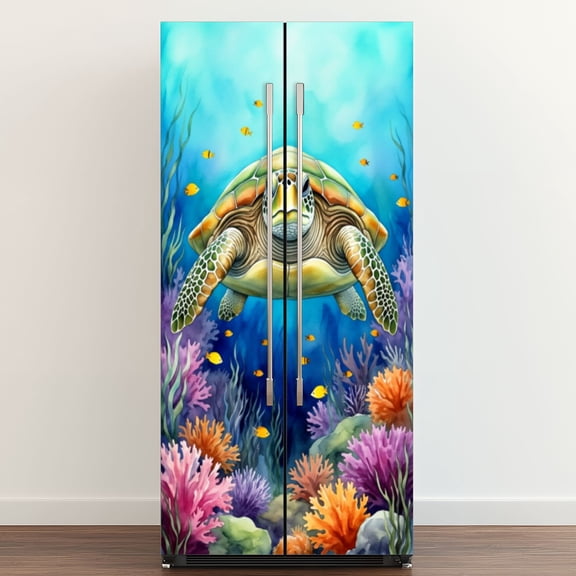 Self Adhesive Vinyl Refrigerator Wrap Set Sea Turtle Bathroom Teal Beach Theme Turtle Underwater Scene Door Mural Removable Fridge Sticker Peel and Stick Full Door Cover Decal Kitchen Bar Decor