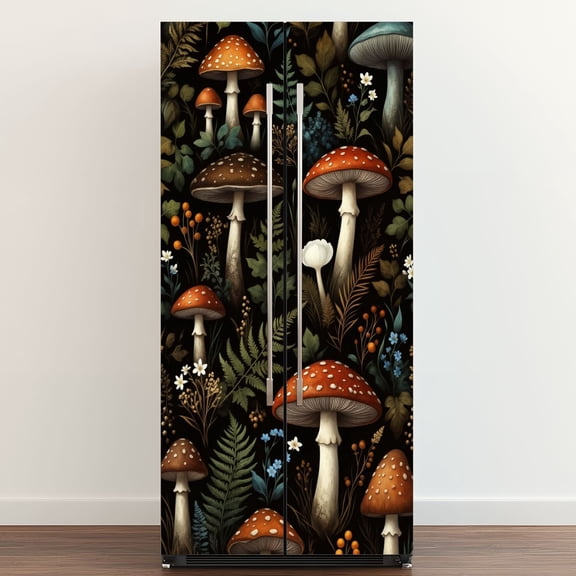 Self Adhesive Vinyl Refrigerator Wrap Set Seamless Botanical Mushrooms Forest Plants Dark Door Mural Removable Fridge Sticker Peel and Stick Full Door Cover Decal Kitchen Bar Decor