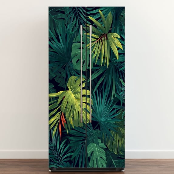 Self Adhesive Vinyl Refrigerator Wrap Set Seamless drawn botanical exotic green palm Door Mural Removable Fridge Sticker Peel and Stick Full Door Cover Decal Kitchen Bar Decor