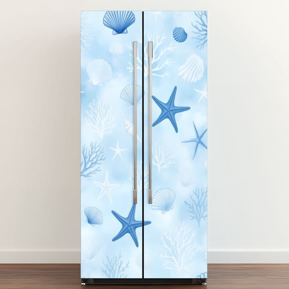 Self Adhesive Vinyl Refrigerator Wrap Set Seashell Starfish Coral Soft Blue Tones Door Mural Removable Fridge Sticker Peel and Stick&nbsp;Full Door Cover Decal Kitchen Bar Decor