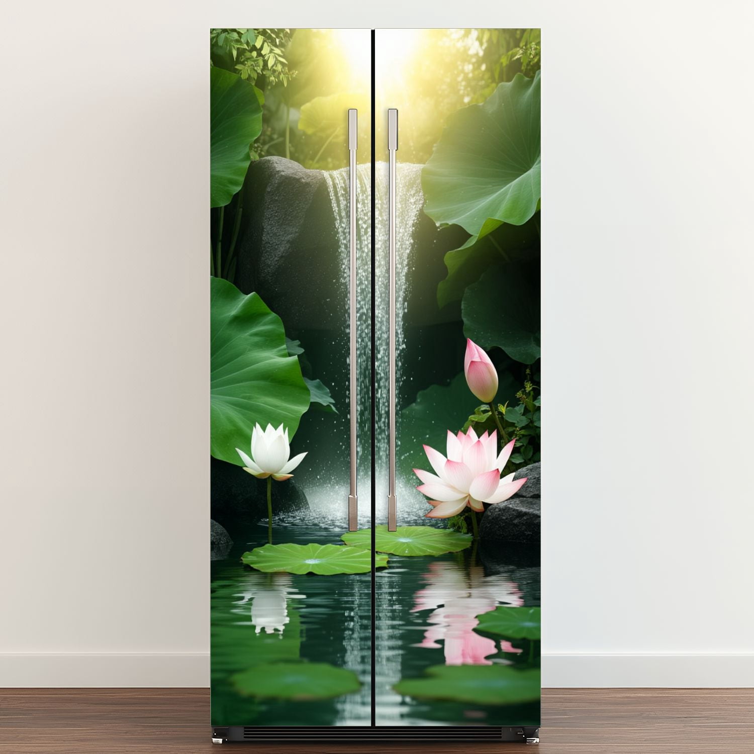Self Adhesive Vinyl Refrigerator Wrap Set Serene Lotus Pond Waterfall Greenery Spiritual Calm Door Mural Removable Fridge Sticker Peel and Stick&nbsp;Full Door Cover Decal Kitchen Bar Decor