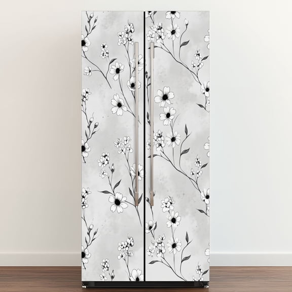 Self Adhesive Vinyl Refrigerator Wrap Set Serene Monochrome Botanical Line Airy Floral Arrangement Door Mural Removable Fridge Sticker Peel and Stick&nbsp;Full Door Cover Decal Kitchen Bar Decor