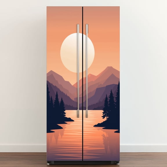 Self Adhesive Vinyl Refrigerator Wrap Set Serene Mountain Landscape Sunset Reflection Calm Waters Door Mural Removable Fridge Sticker Peel and Stick&nbsp;Full Door Cover Decal Kitchen Bar Decor