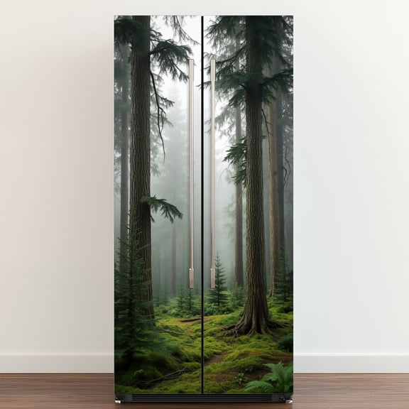 Self Adhesive Vinyl Refrigerator Wrap Set Serene Northern Pine Forest Morning Fog Sunlight Door Mural Removable Fridge Sticker Peel and Stick&nbsp;Full Door Cover Decal Kitchen Bar Decor