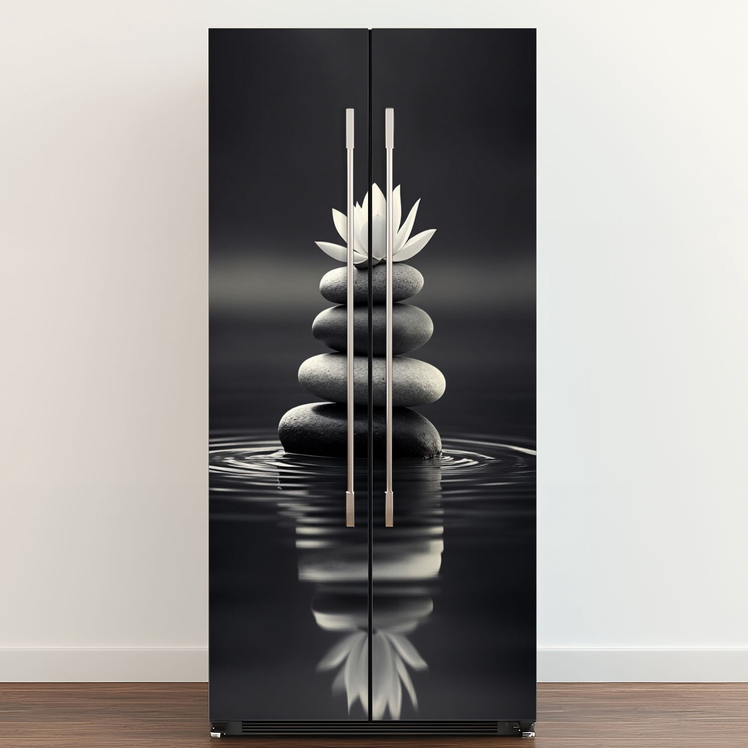 Self Adhesive Vinyl Refrigerator Wrap Set Serene Stacked Stones White Lotus Calm Water Spiritual Calm Door Mural Removable Fridge Sticker Peel and Stick&nbsp;Full Door Cover Decal Kitchen Bar Decor
