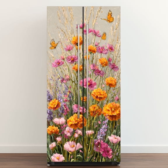 Self Adhesive Vinyl Refrigerator Wrap Set Serene Wildflower Watercolor Butterflies bohemian vintage Door Mural Removable Fridge Sticker Peel and Stick Full Door Cover Decal Kitchen Bar Decor