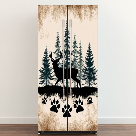 Self Adhesive Vinyl Refrigerator Wrap Set Silhouette Deer Surrounded Pine Trees Paw Print Border Door Mural Removable Fridge Sticker Peel and Stick&nbsp;Full Door Cover Decal Kitchen Bar Decor