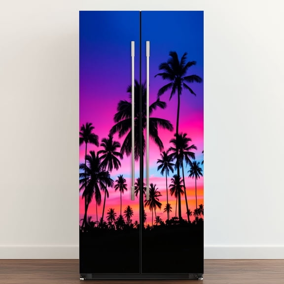 Self Adhesive Vinyl Refrigerator Wrap Set Silhouetted Palm Trees Against Sunset Sky Coastal Door Mural Removable Fridge Sticker Peel and Stick Full Door Cover Decal Kitchen Bar Decor