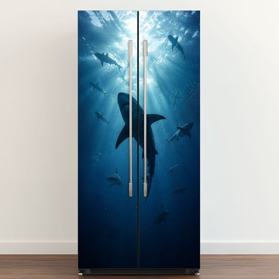 Self Adhesive Vinyl Refrigerator Wrap Set Silhouettes sharks underwater ocean against bright light 3D Door Mural Removable Fridge Sticker Peel and Stick Full Door Cover Decal Kitchen Bar Decor