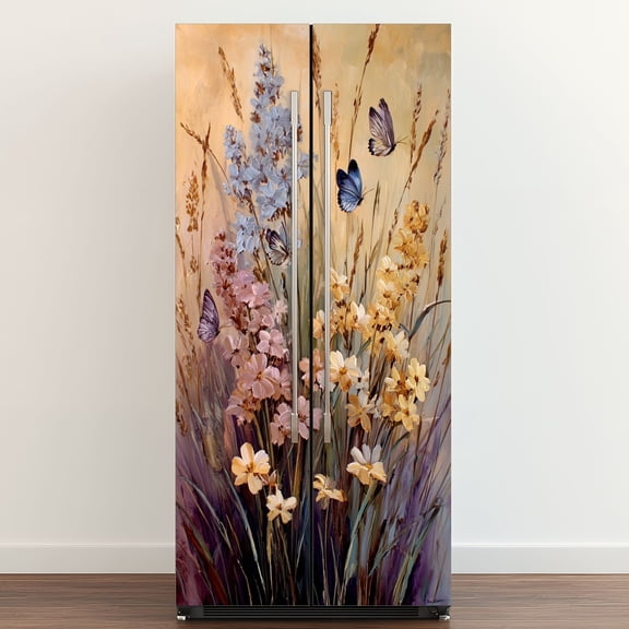 Self Adhesive Vinyl Refrigerator Wrap Set Soft Dusk Wildflower Butterfly Painting bohemian vintage Door Mural Removable Fridge Sticker Peel and Stick Full Door Cover Decal Kitchen Bar Decor