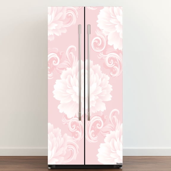 Self Adhesive Vinyl Refrigerator Wrap Set Soft Pink Floral Elegant White Blooms Decorative Swirls Door Mural Removable Fridge Sticker Peel and Stick Full Door Cover Decal Kitchen Bar Decor