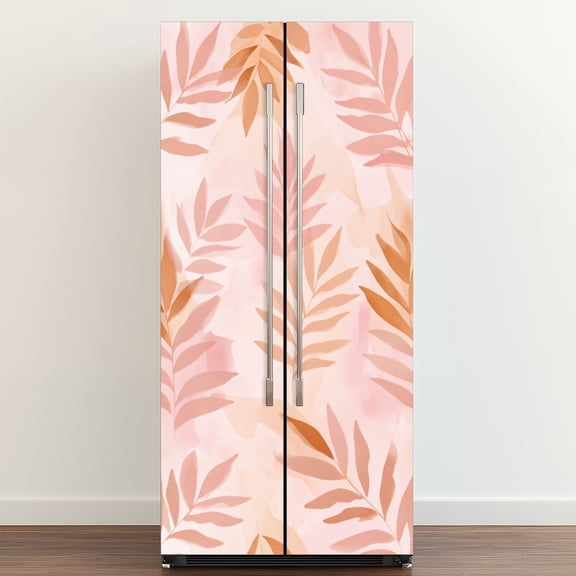 Self Adhesive Vinyl Refrigerator Wrap Set Soft Pink Orange Leaf Watercolor Effect Door Mural Removable Fridge Sticker Peel and Stick&nbsp;Full Door Cover Decal Kitchen Bar Decor