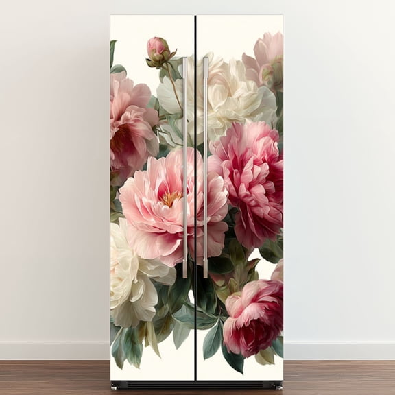 Self Adhesive Vinyl Refrigerator Wrap Set Soft Pink White Peony Floral Delicate Green Leaves Door Mural Removable Fridge Sticker Peel and Stick Full Door Cover Decal Kitchen Bar Decor