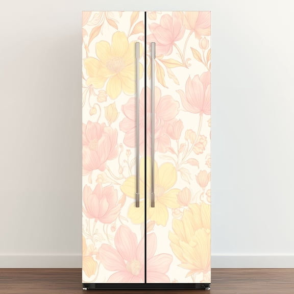 Self Adhesive Vinyl Refrigerator Wrap Set Soft Pink Yellow Floral Delicate Line Art Door Mural Removable Fridge Sticker Peel and Stick&nbsp;Full Door Cover Decal Kitchen Bar Decor