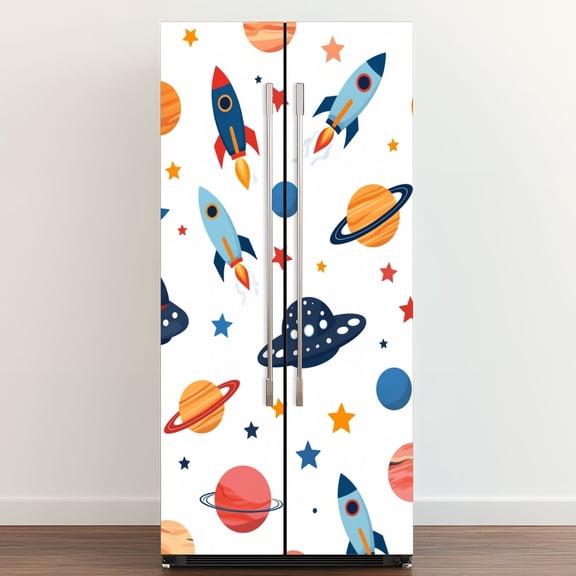 Self Adhesive Vinyl Refrigerator Wrap Set Space Cartoon Planets Rockets Planets Stars UFOs Space Door Mural Removable Fridge Sticker Peel and Stick&nbsp;Full Door Cover Decal Kitchen Bar Decor