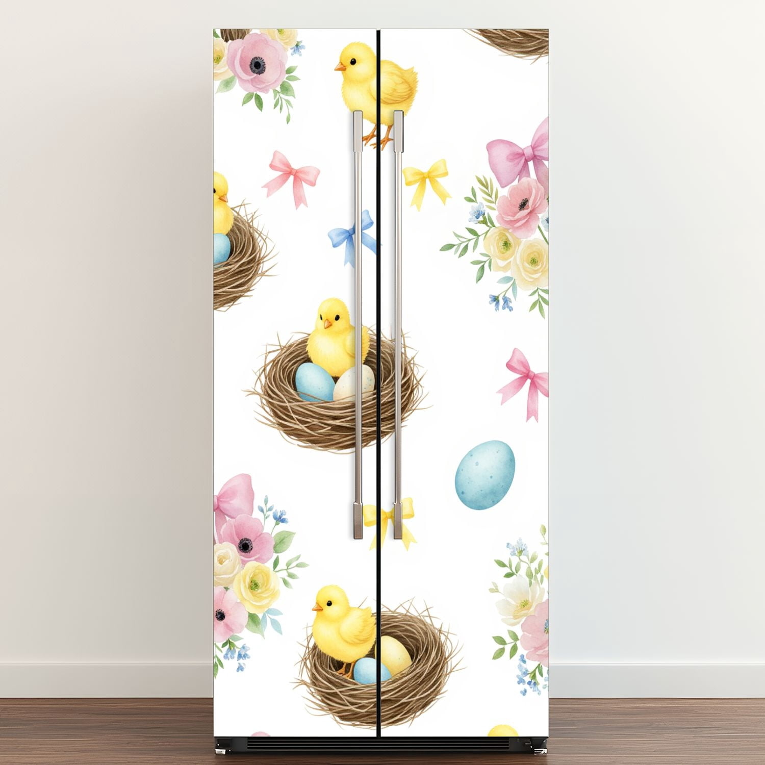 Self Adhesive Vinyl Refrigerator Wrap Set Spring Chickens Floral Nest Pink Ribbons Easter Eggs Door Mural Removable Fridge Sticker Peel and Stick&nbsp;Full Door Cover Decal Kitchen Bar Decor